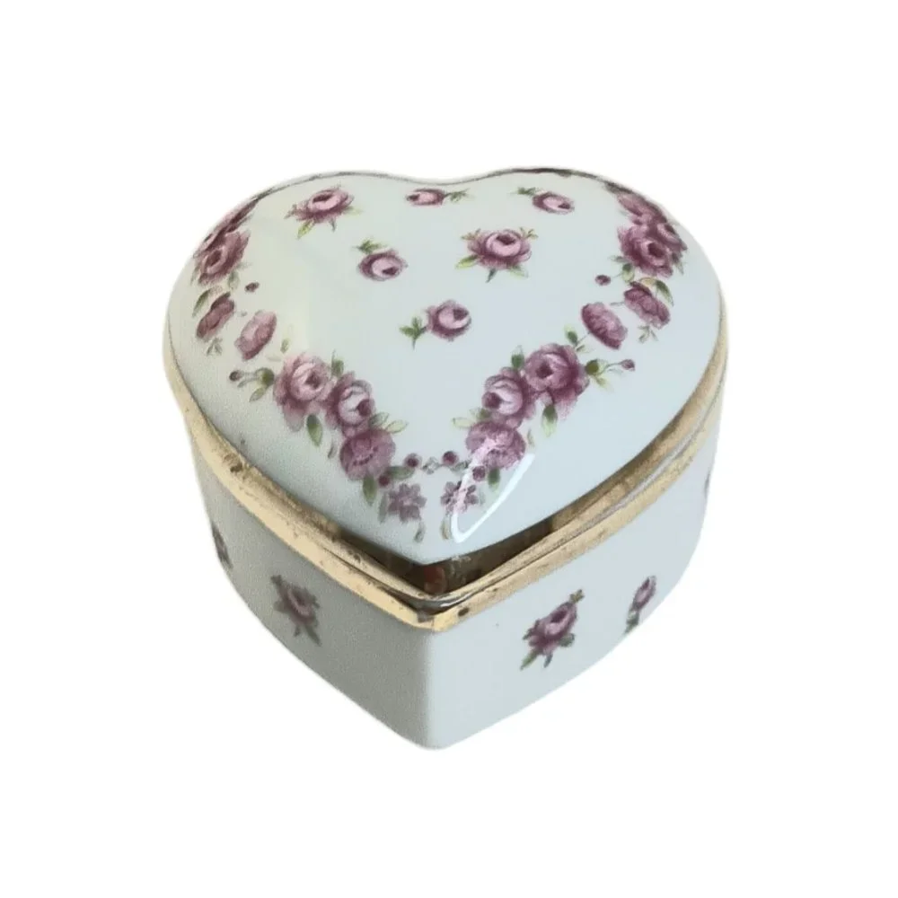 Lefton Heart Shaped Trinket Box Pink Flowers Gold Trim Jewlery Box